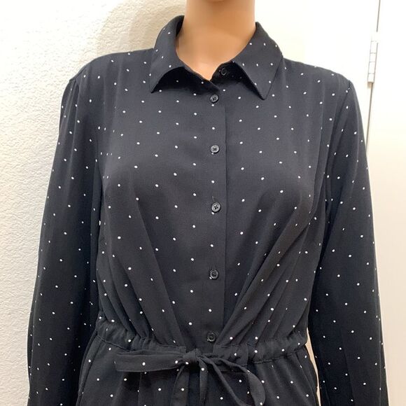 A New Day Size Medium Button Front Tie Waist Black White Polka Dot Woman’s Dres - Picture 2 of 6